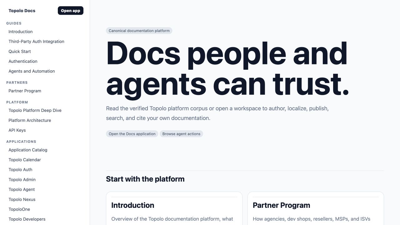 Topolo Docs documentation workspace showing the navigation, reader, and verified content surfaces.